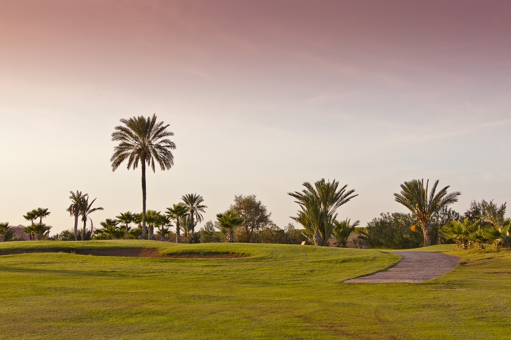 Coucher de soleil sur le golf Palmerai à Marrakech